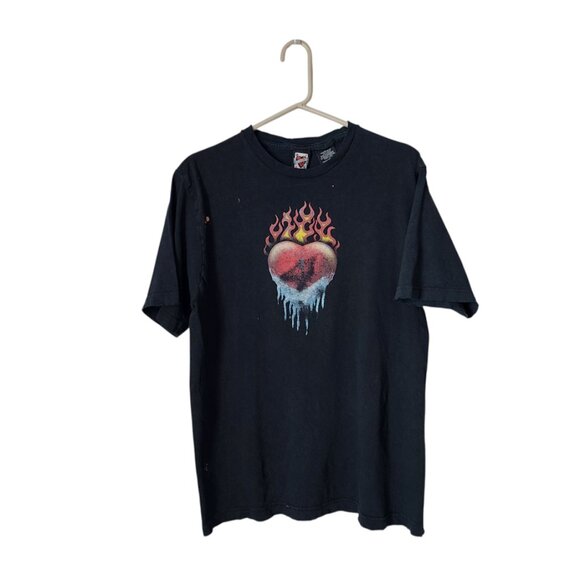 ACE OF HEARTS Flame heart Tee Black Distressed T-Shirt Grunge Skater M - Picture 1 of 8